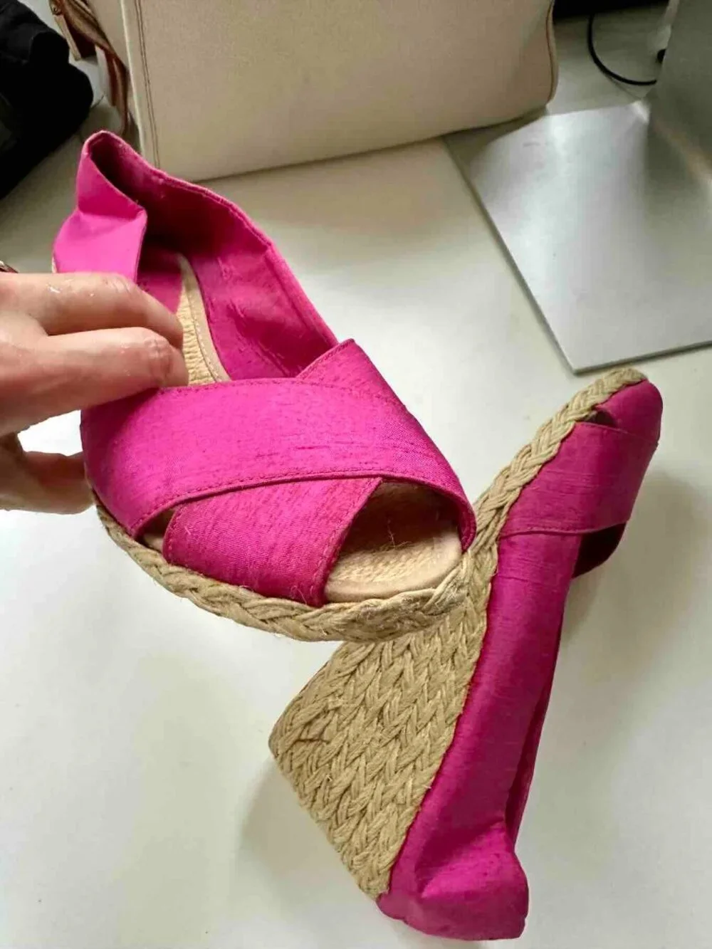 Unworn Ralph Lauren Espadrille Wedges Fuchsia HotPink 9B Satin Platform Sandals